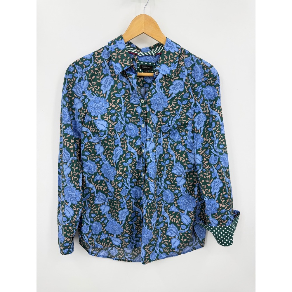 Talbots leafy Floral Button Down modern classic Shirt Blue Green long Sleeve